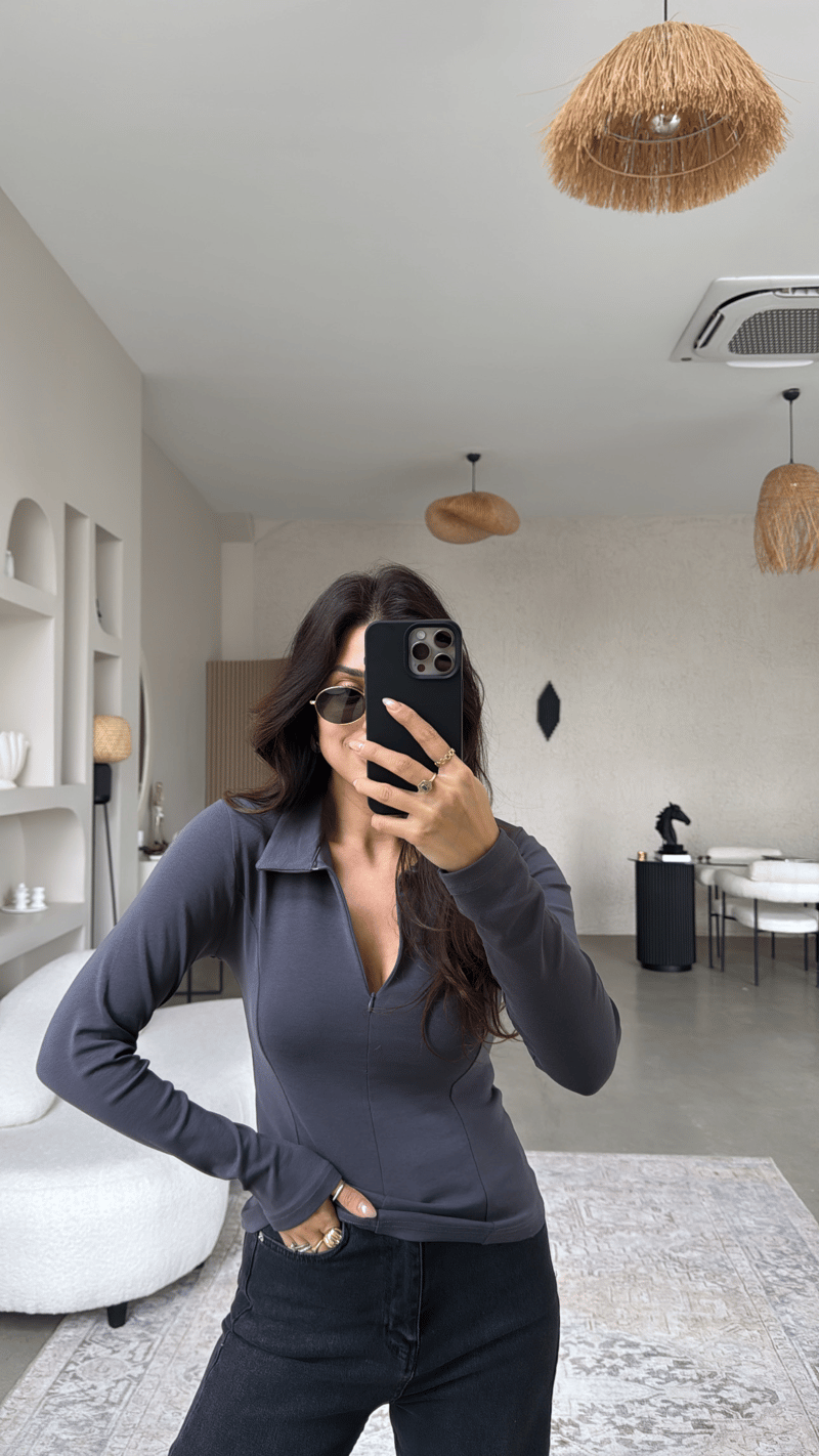 Antrasit Fermuarlı Yakalı Modal Bluz