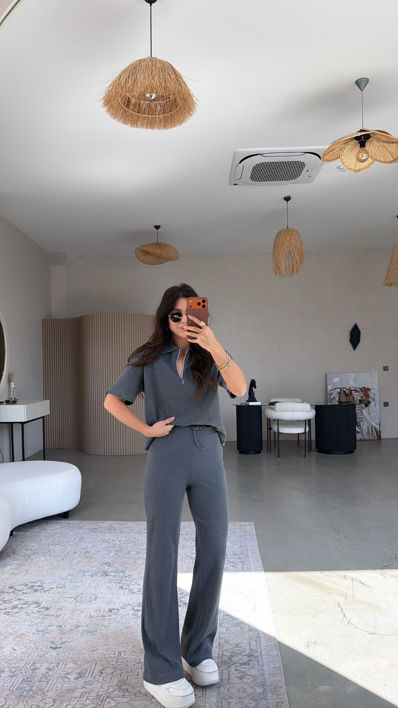 Antrasit Fitilli Fermuarlı Kısa Kol Basic Takım
