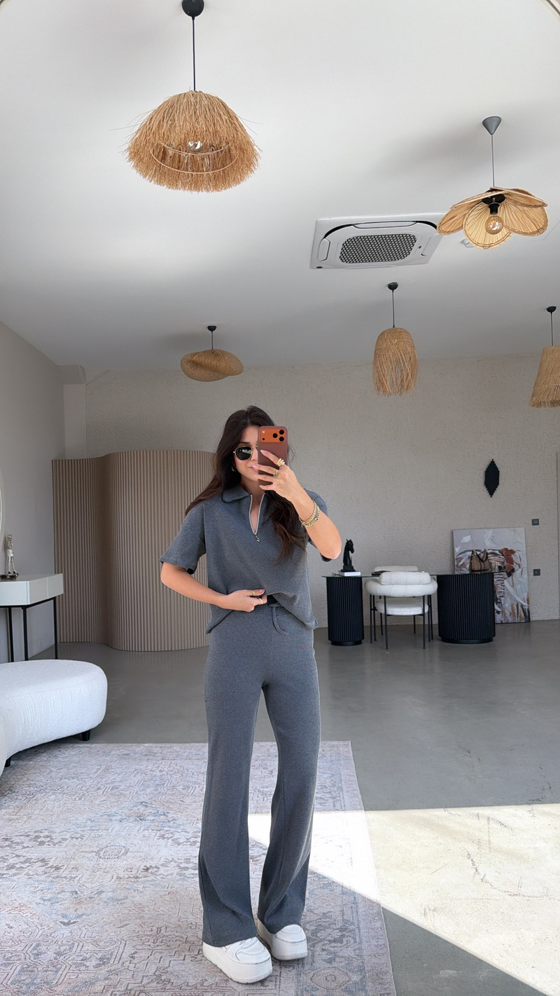 Antrasit Fitilli Fermuarlı Kısa Kol Basic Takım