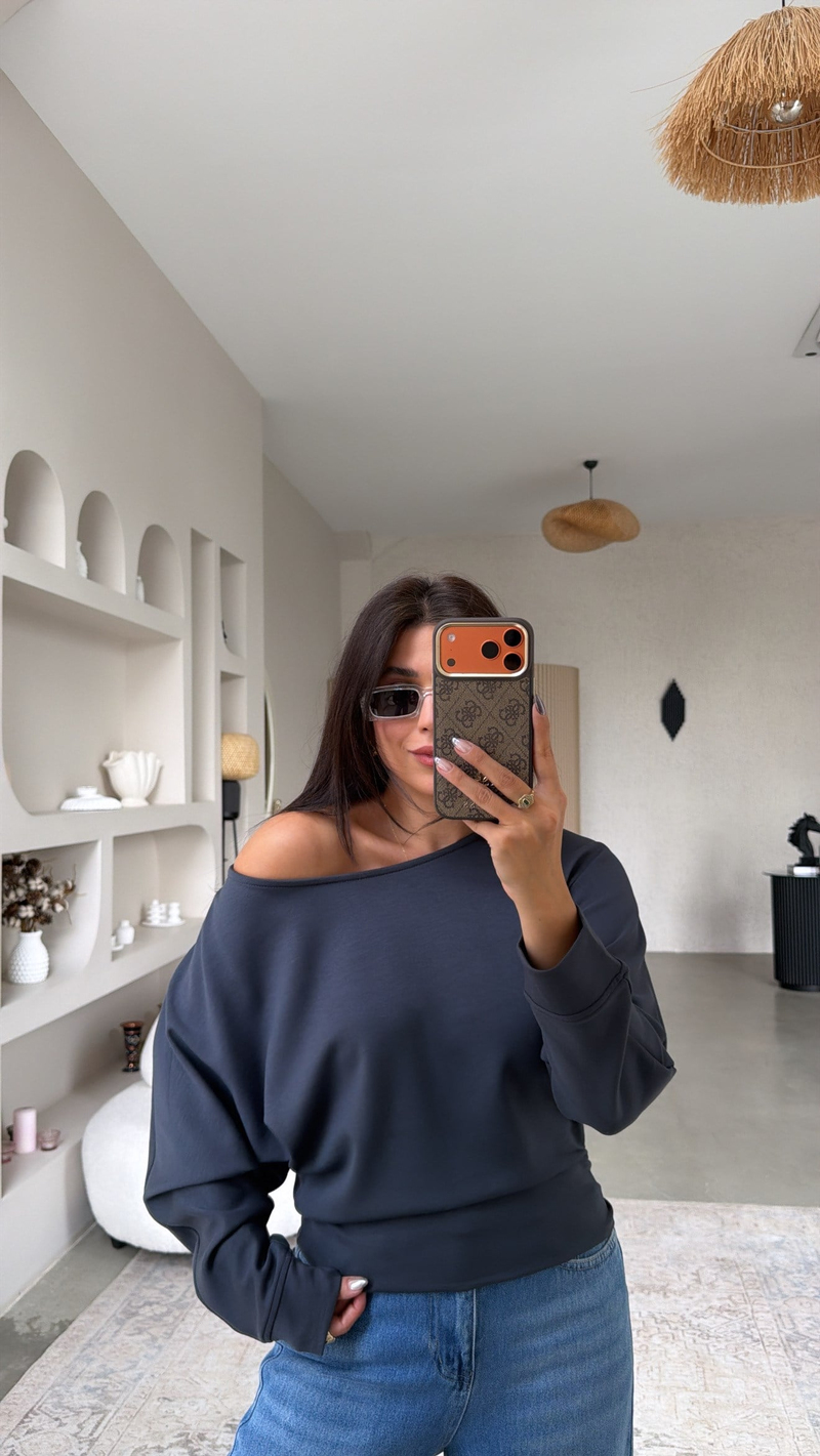 Antrasit Omzu Açık Modal Sweatshirt