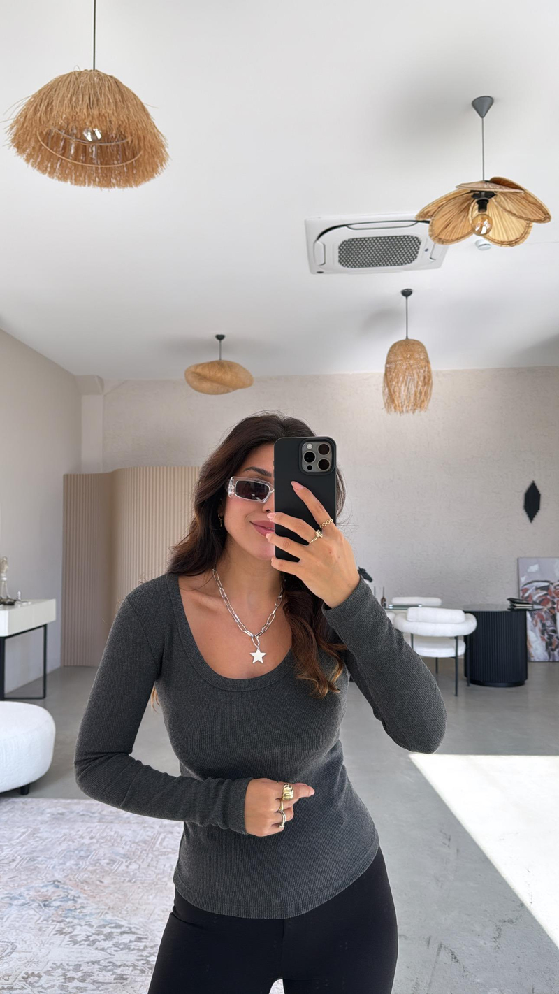 Antrasit Oval Yaka Uzun Kollu Ribana Basic