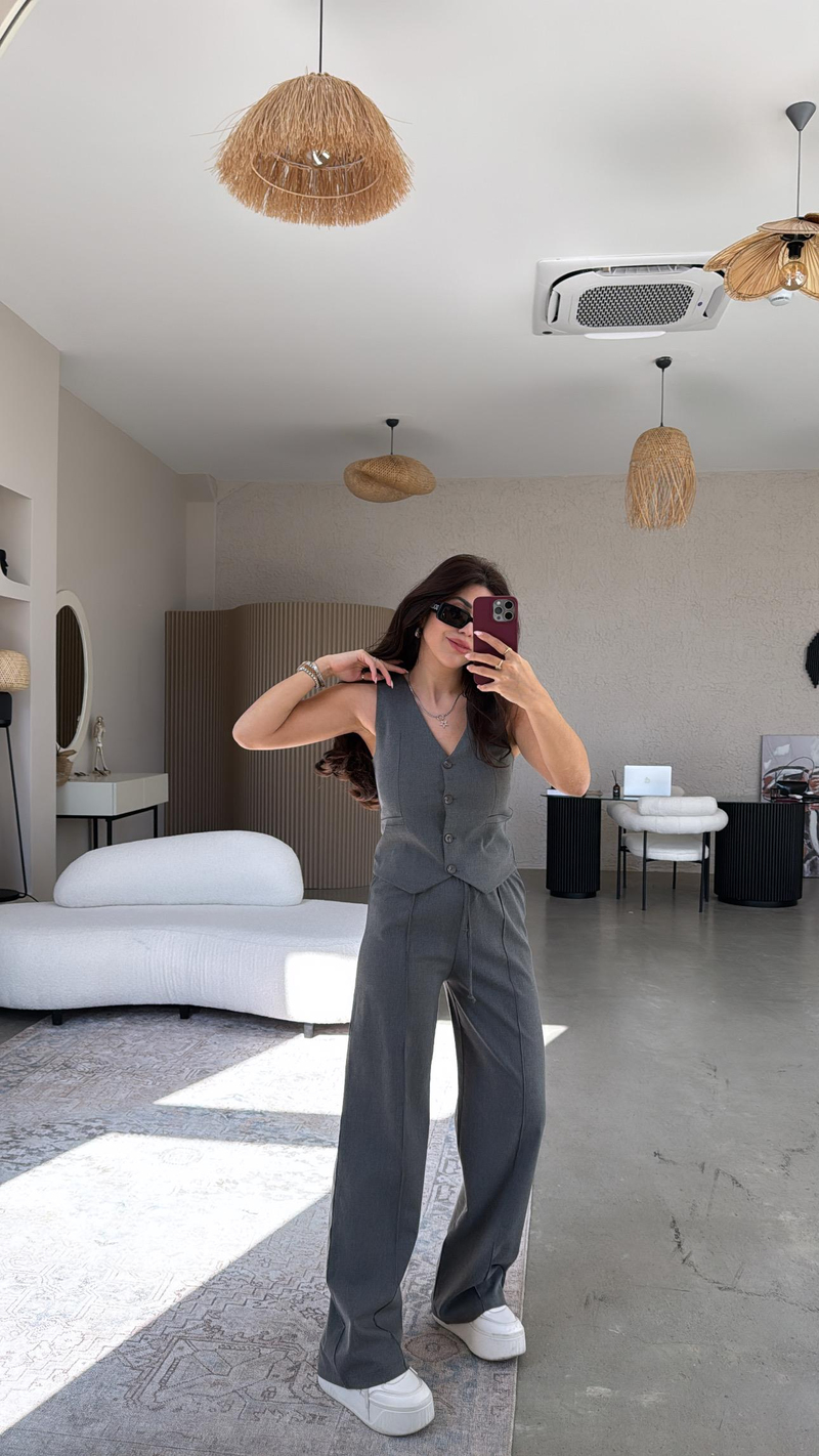 Antrasit Palazzo Kumaş Pantolon Yelek Takım