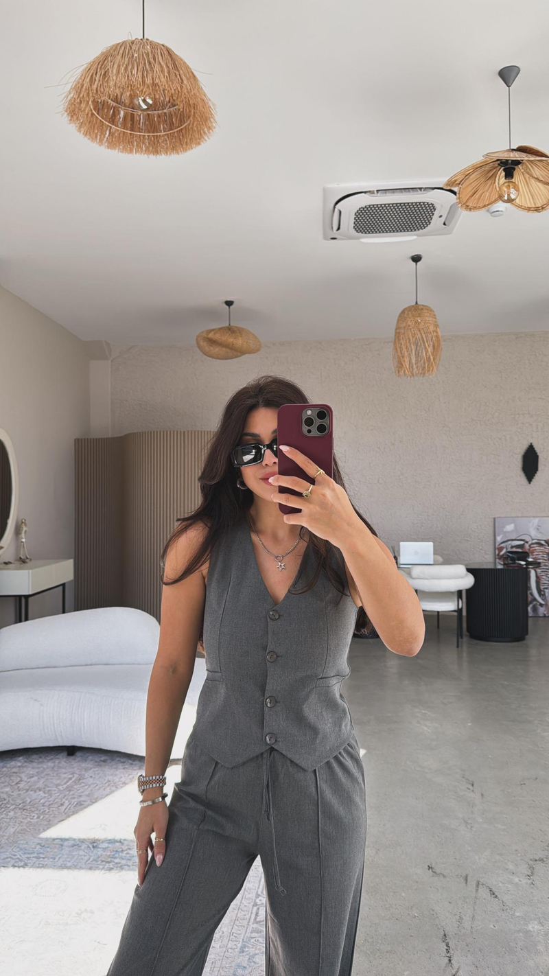 Antrasit Palazzo Kumaş Pantolon Yelek Takım