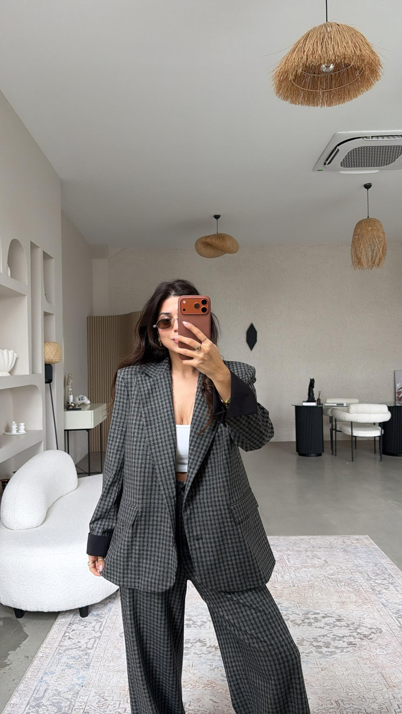Antrasit Pötikareli Kumaş Blazer Pantolon Takım