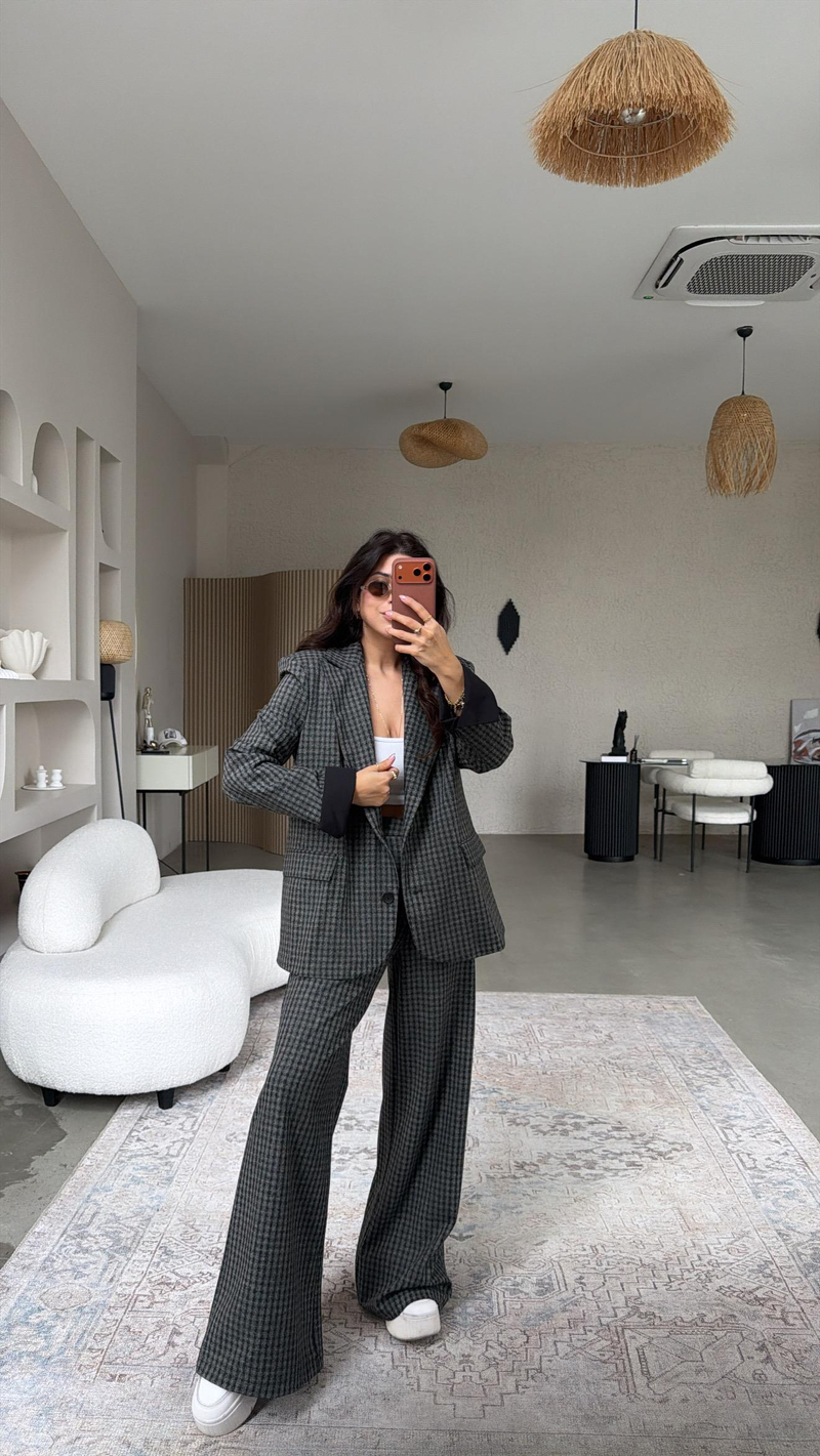 Antrasit Pötikareli Kumaş Blazer Pantolon Takım