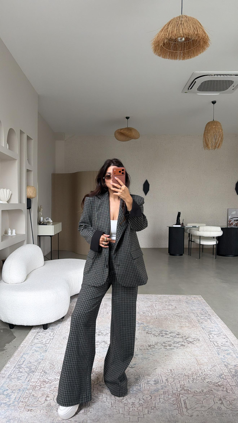 Antrasit Pötikareli Kumaş Blazer Pantolon Takım