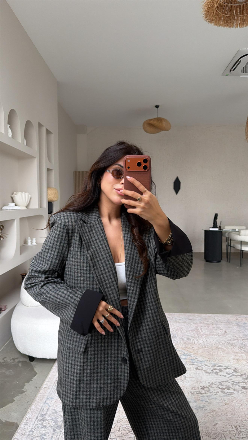 Antrasit Pötikareli Kumaş Blazer Pantolon Takım