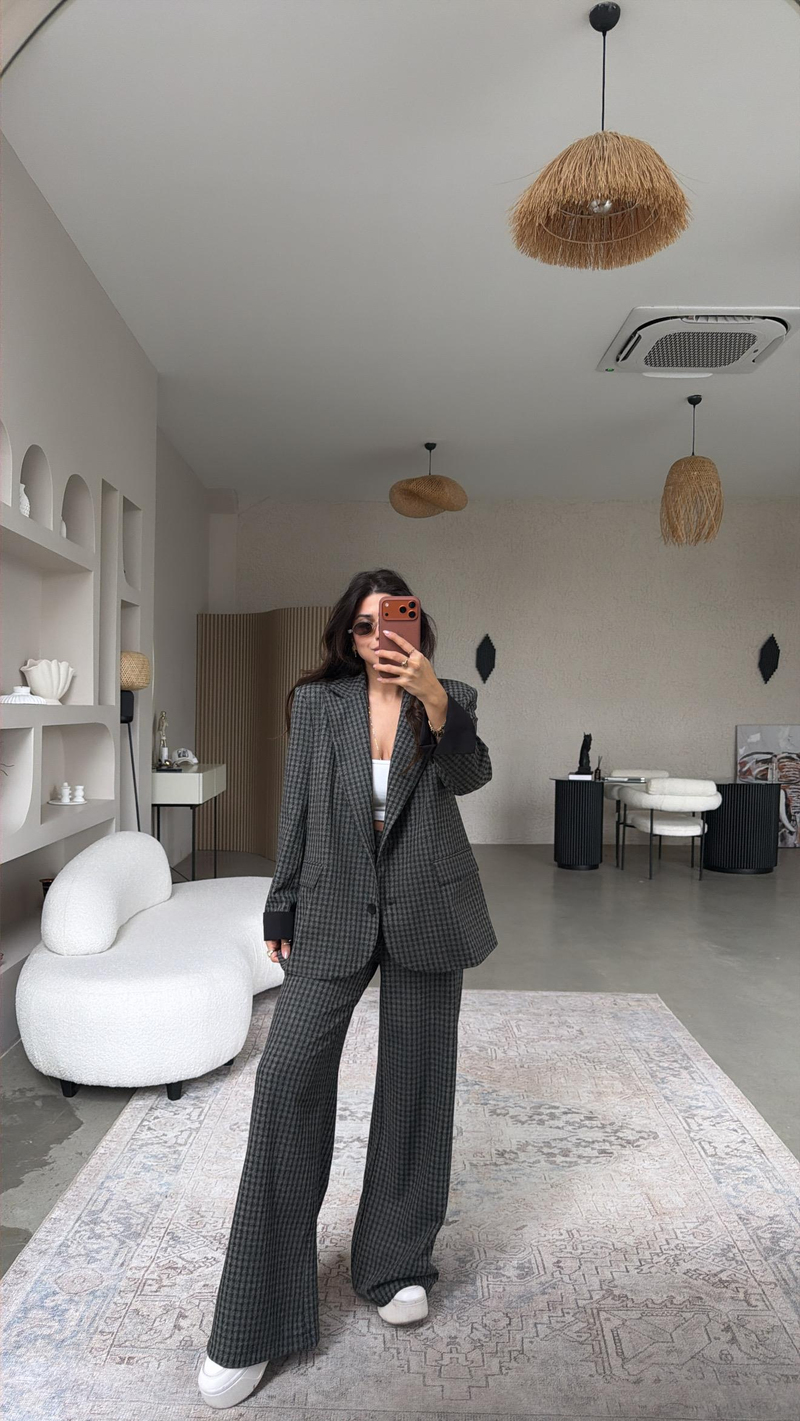 Antrasit Pötikareli Kumaş Blazer Pantolon Takım