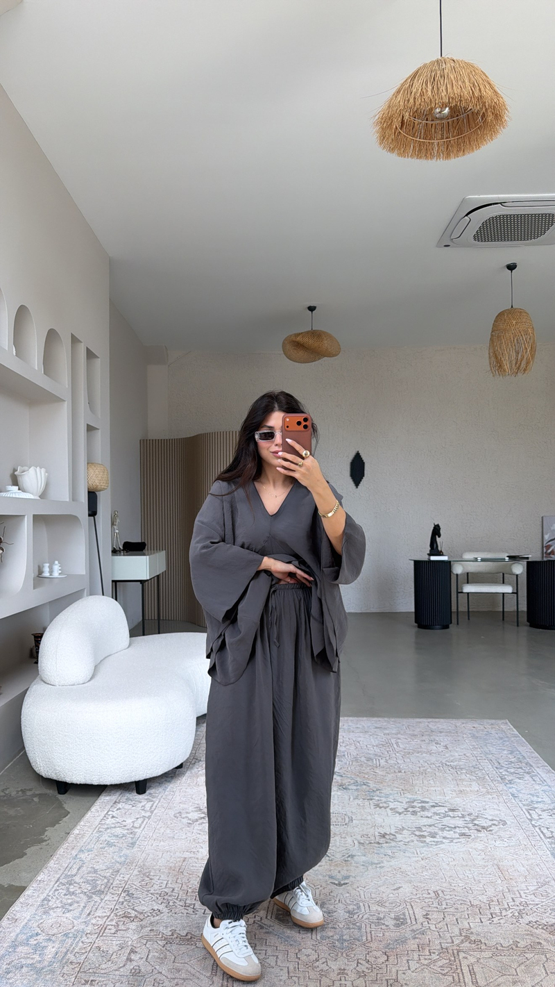 Antrasit Tensel Ön Pile Detaylı Oversize Pantolon Bluz Takım