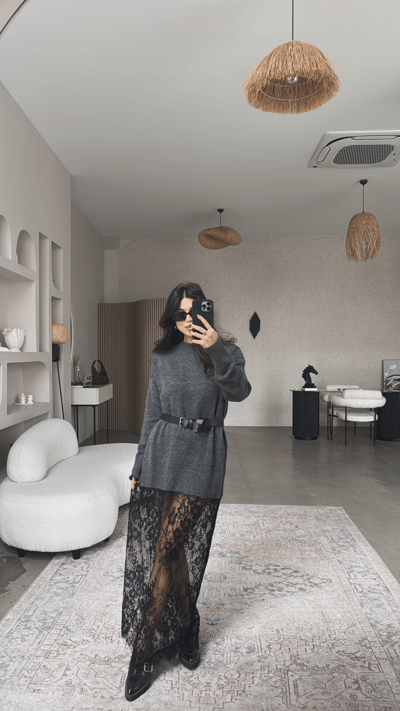 Antrasit Triko Dantelli Maxi Boy Elbise