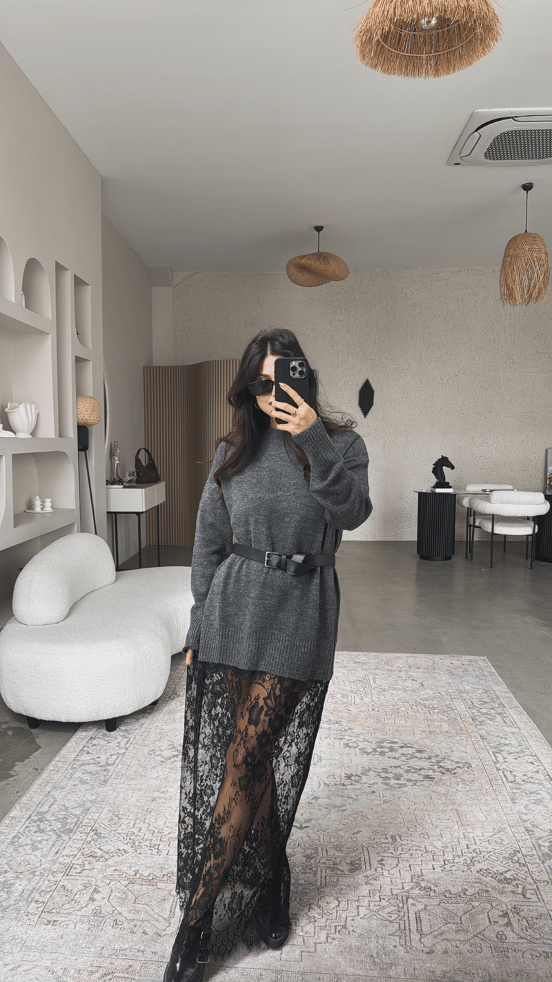 Antrasit Triko Dantelli Maxi Boy Elbise