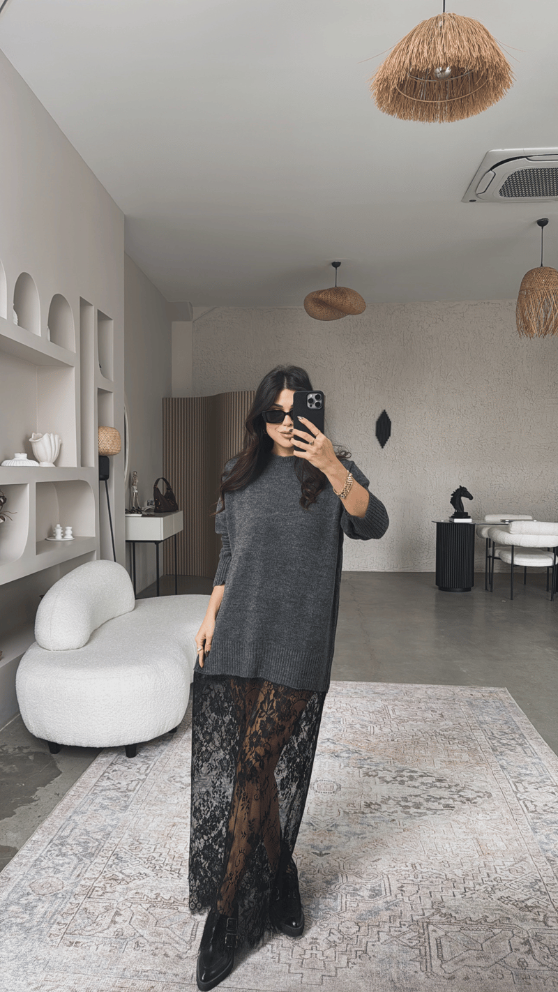 Antrasit Triko Dantelli Maxi Boy Elbise