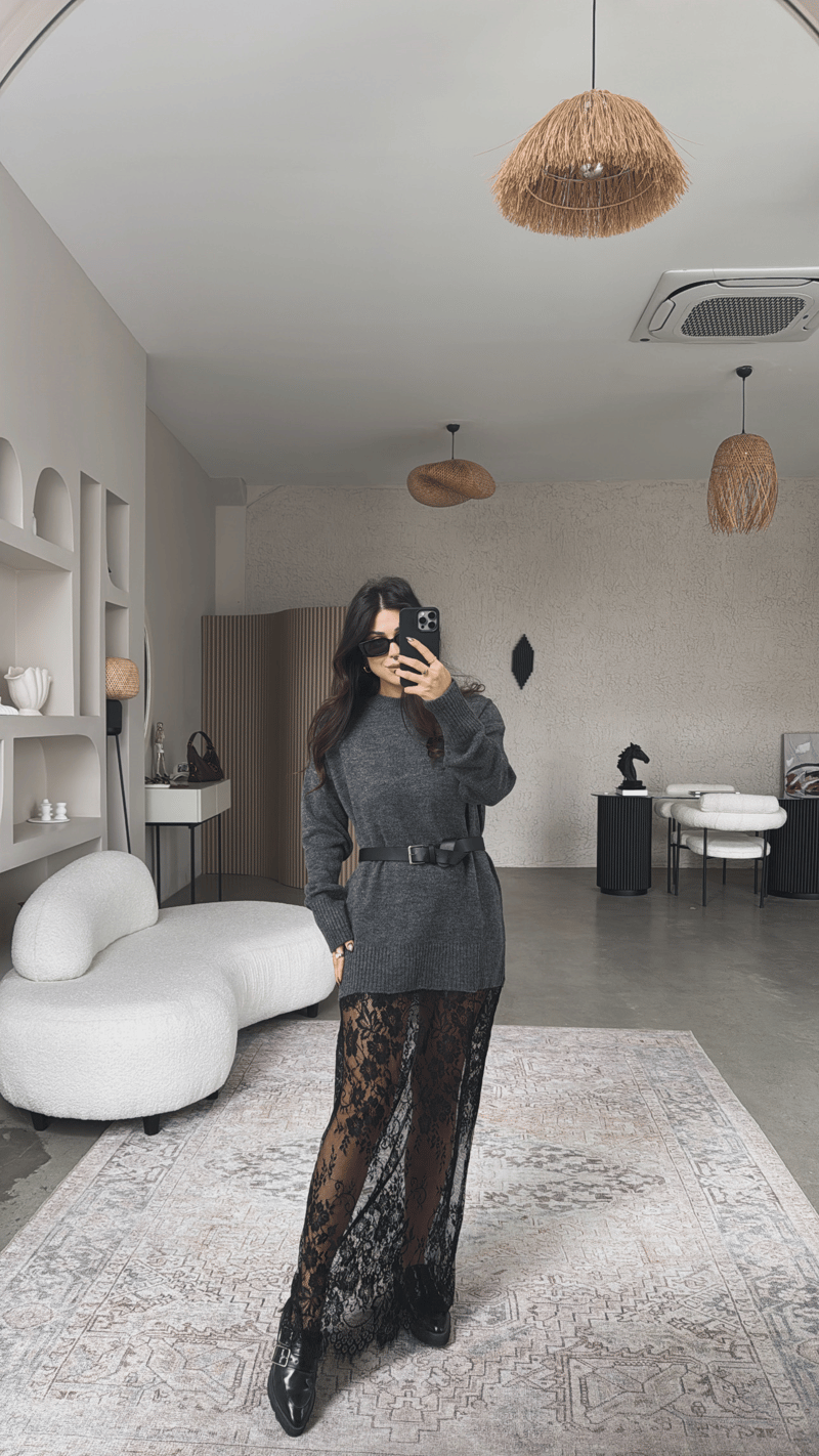 Antrasit Triko Dantelli Maxi Boy Elbise