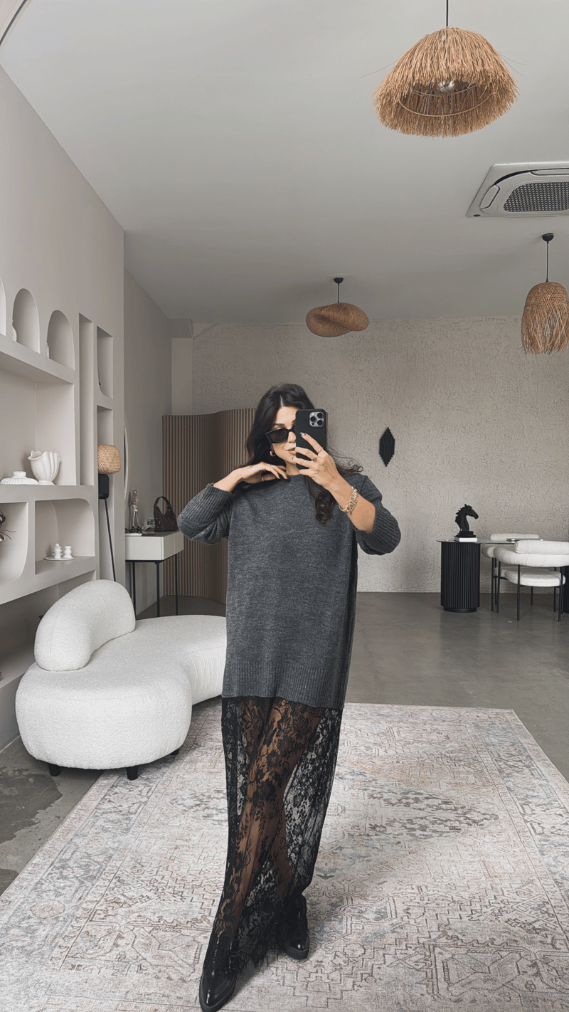 Antrasit Triko Dantelli Maxi Boy Elbise