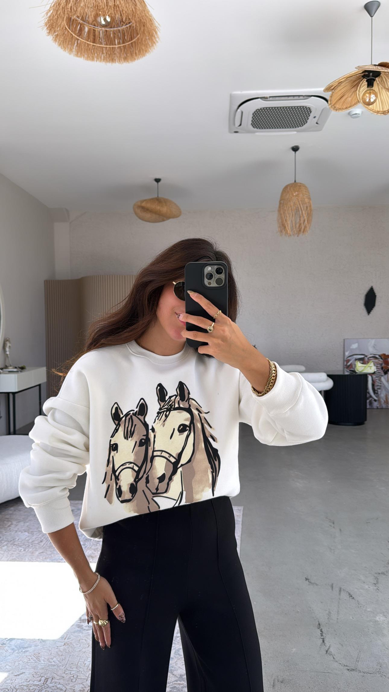 At Baskılı Üç İplik Sweatshirt