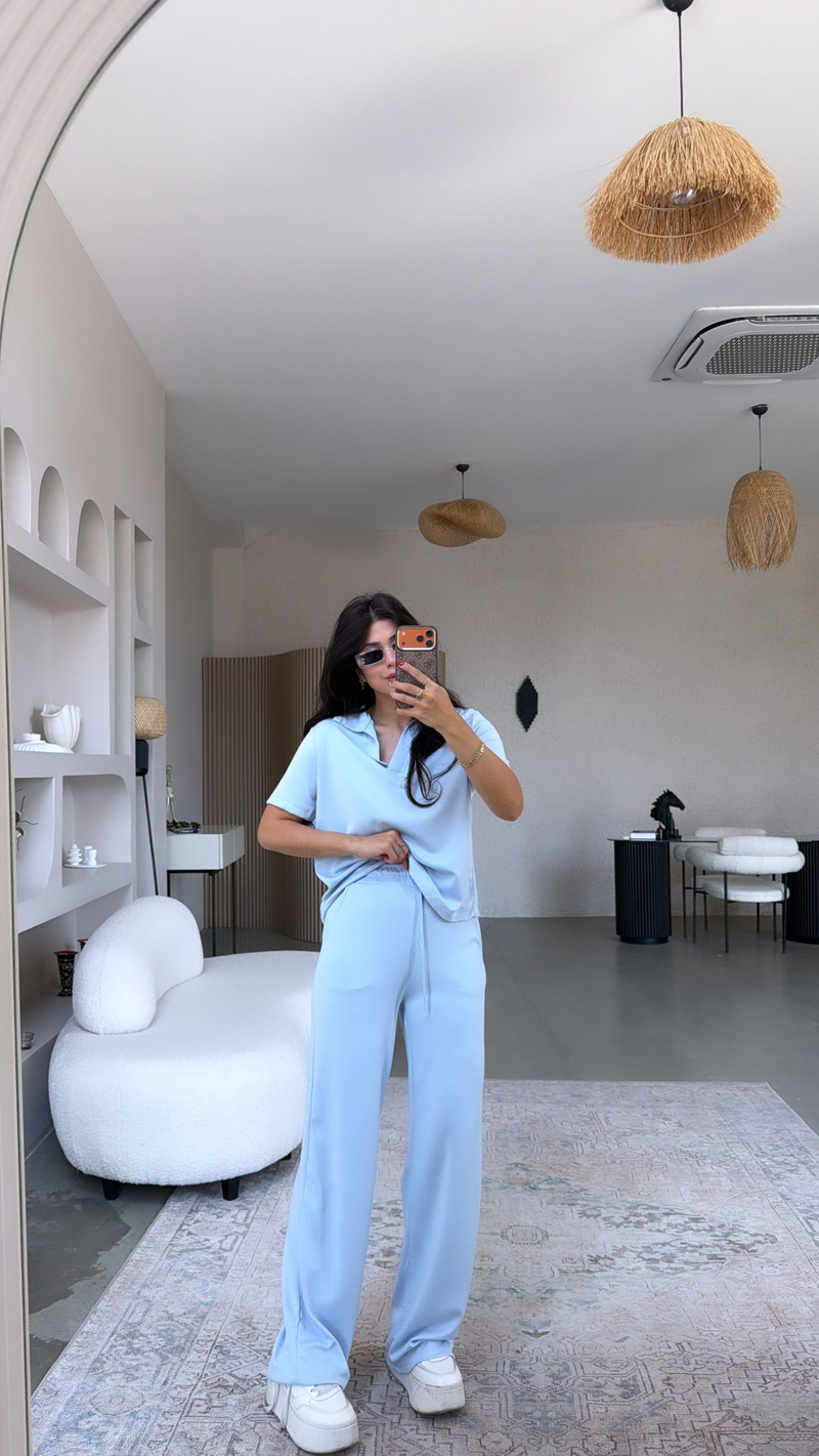 Bebe Mavi Basic Modal Kumaş Yakalı Bol Paça Takım