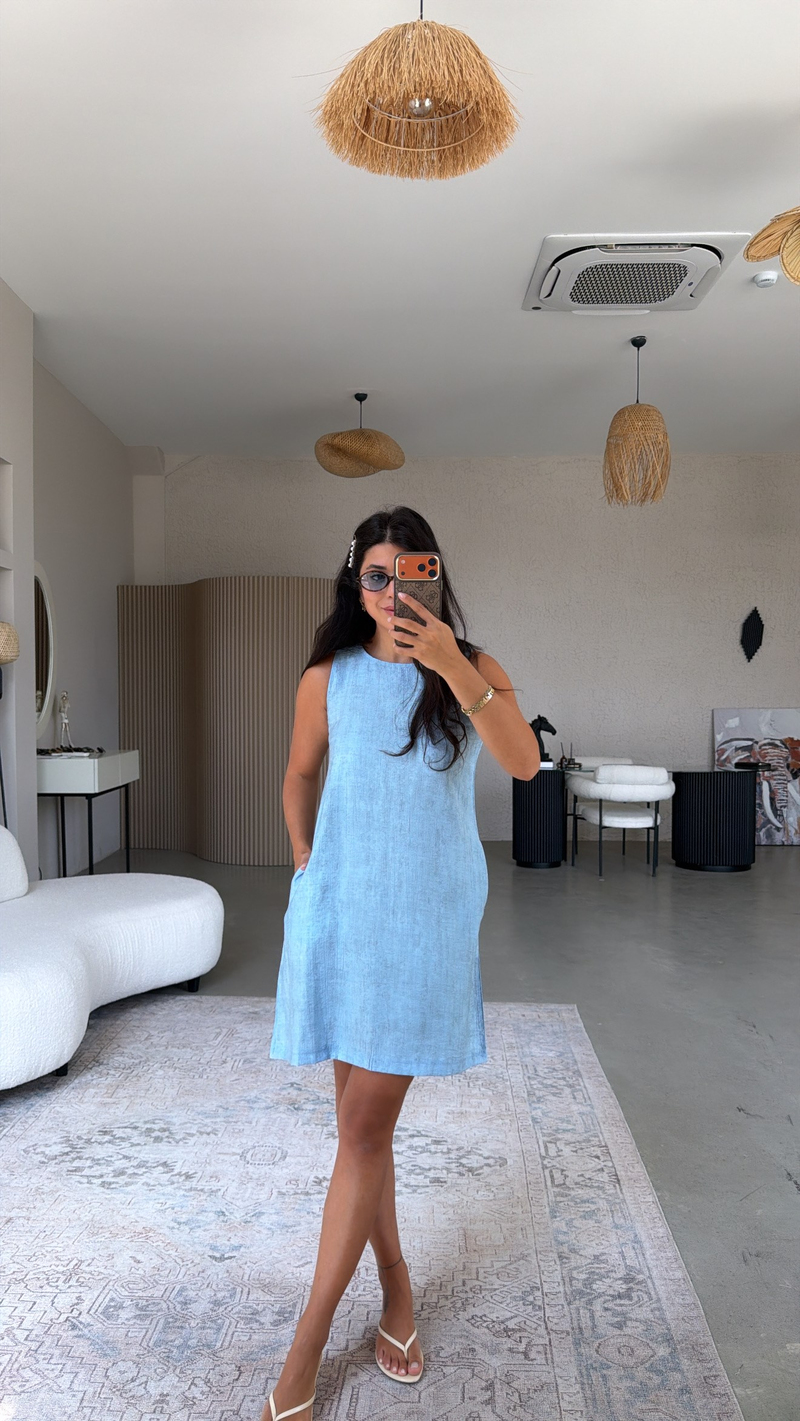 Bebe Mavi Basic Yıkamalı Kumaşlı Elbise