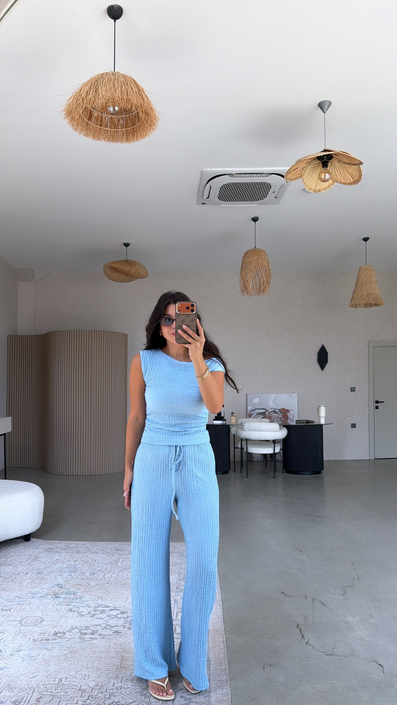 Bebe Mavi Bubble Omzu Düşük Bluz Pantolon Takım