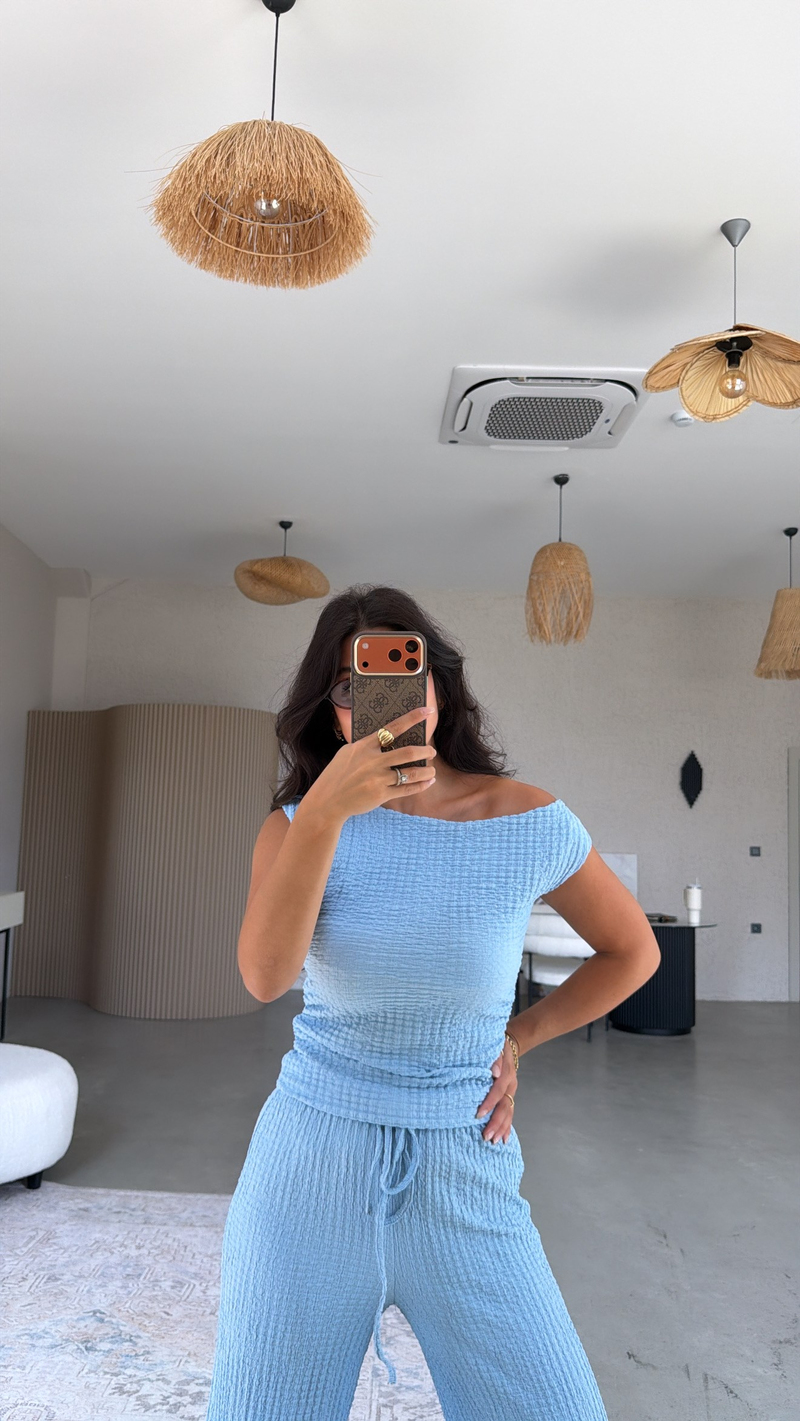 Bebe Mavi Bubble Omzu Düşük Bluz Pantolon Takım