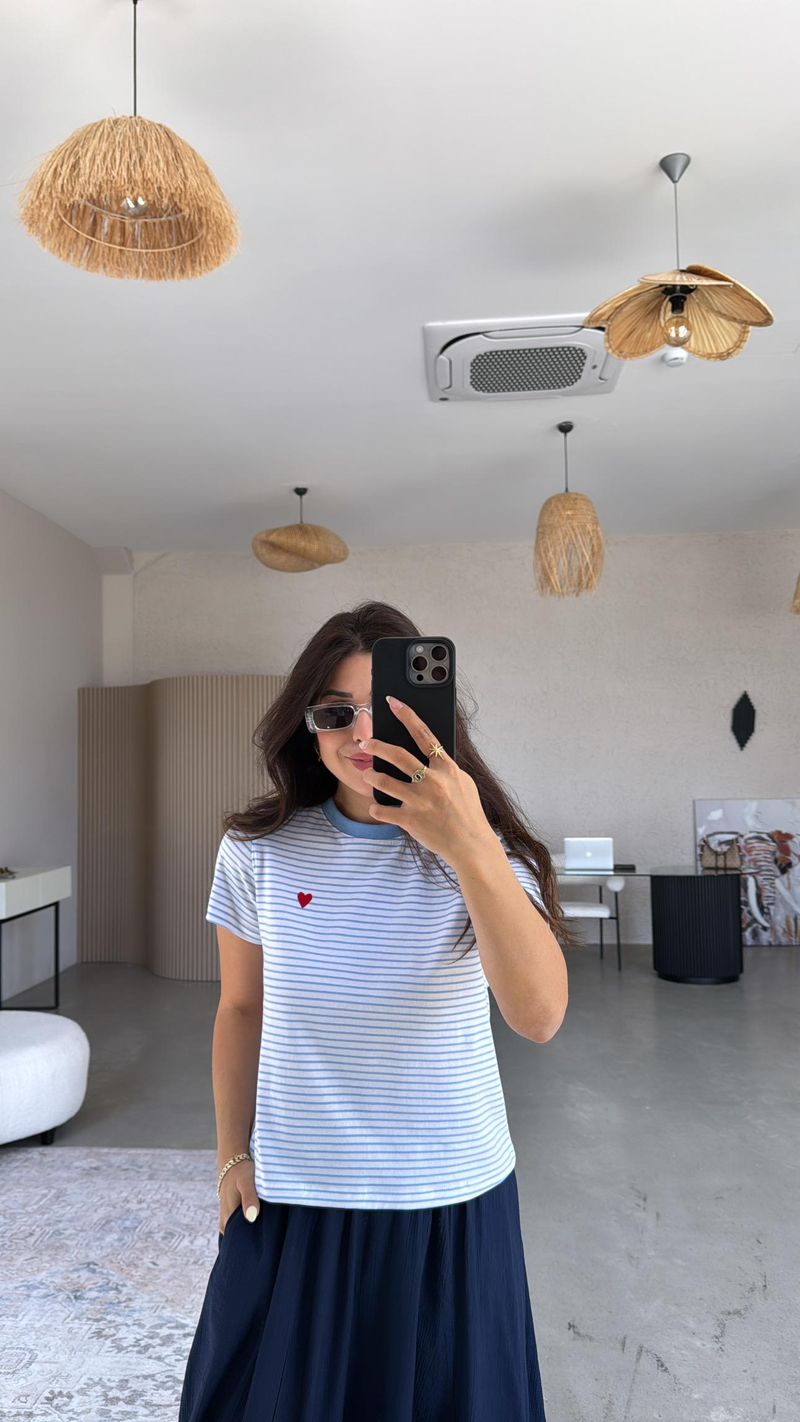 Bebe Mavi Çizgili Kalp Nakışlı Tshirt