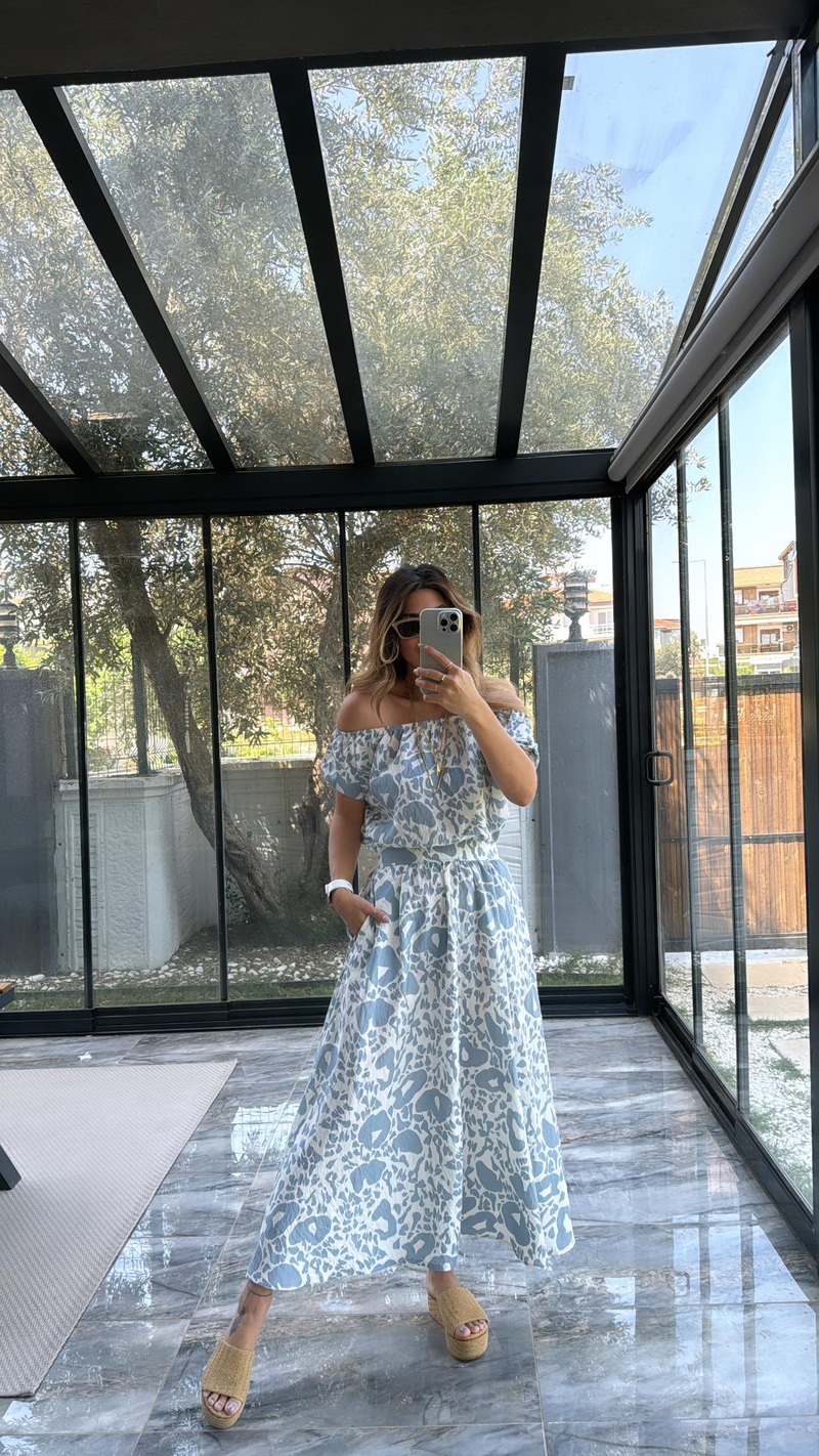 Bebe Mavi Desenli Etek Bluz Takım