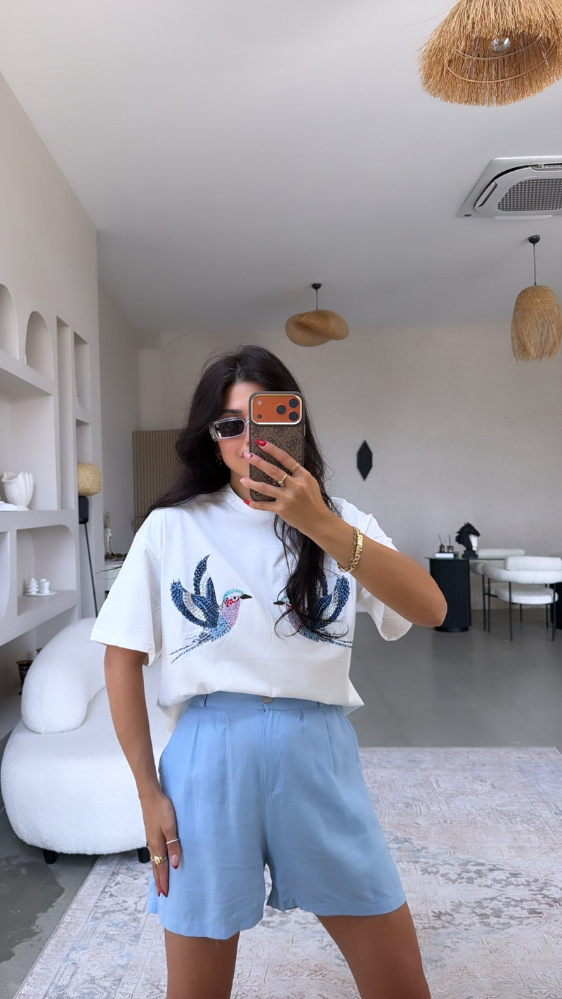 Bebe Mavi Keten Premium Kemerli Şort