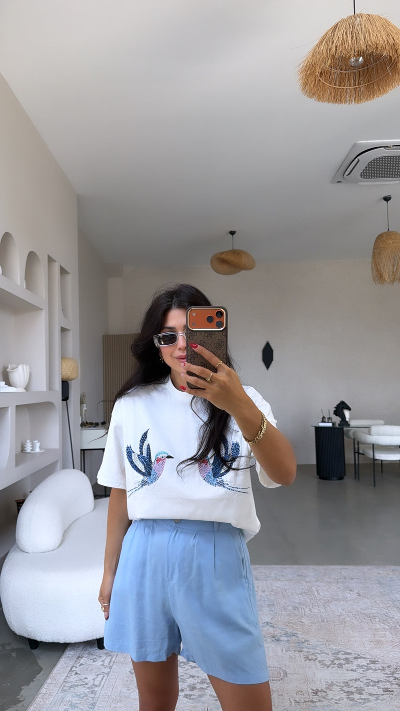Bebe Mavi Keten Premium Kemerli Şort