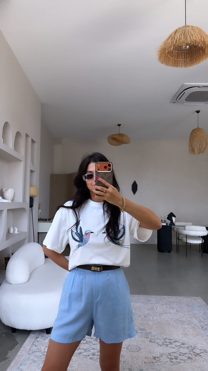 Bebe Mavi Keten Premium Kemerli Şort