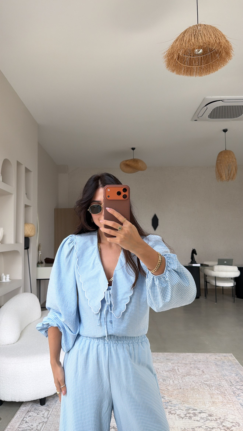 Bebe Mavi Pötikareli Romantik Pantolon Bluz Takım