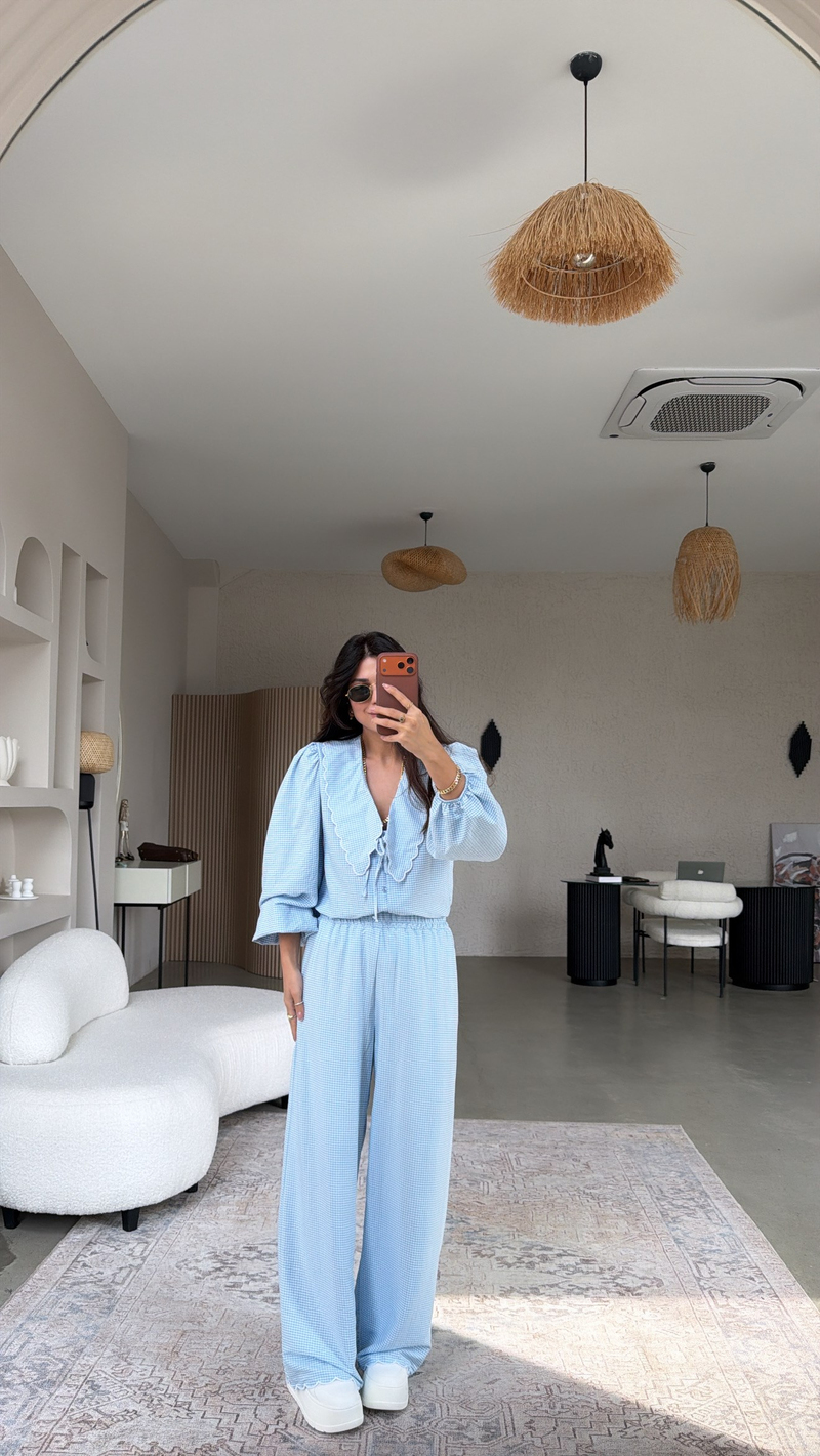 Bebe Mavi Pötikareli Romantik Pantolon Bluz Takım