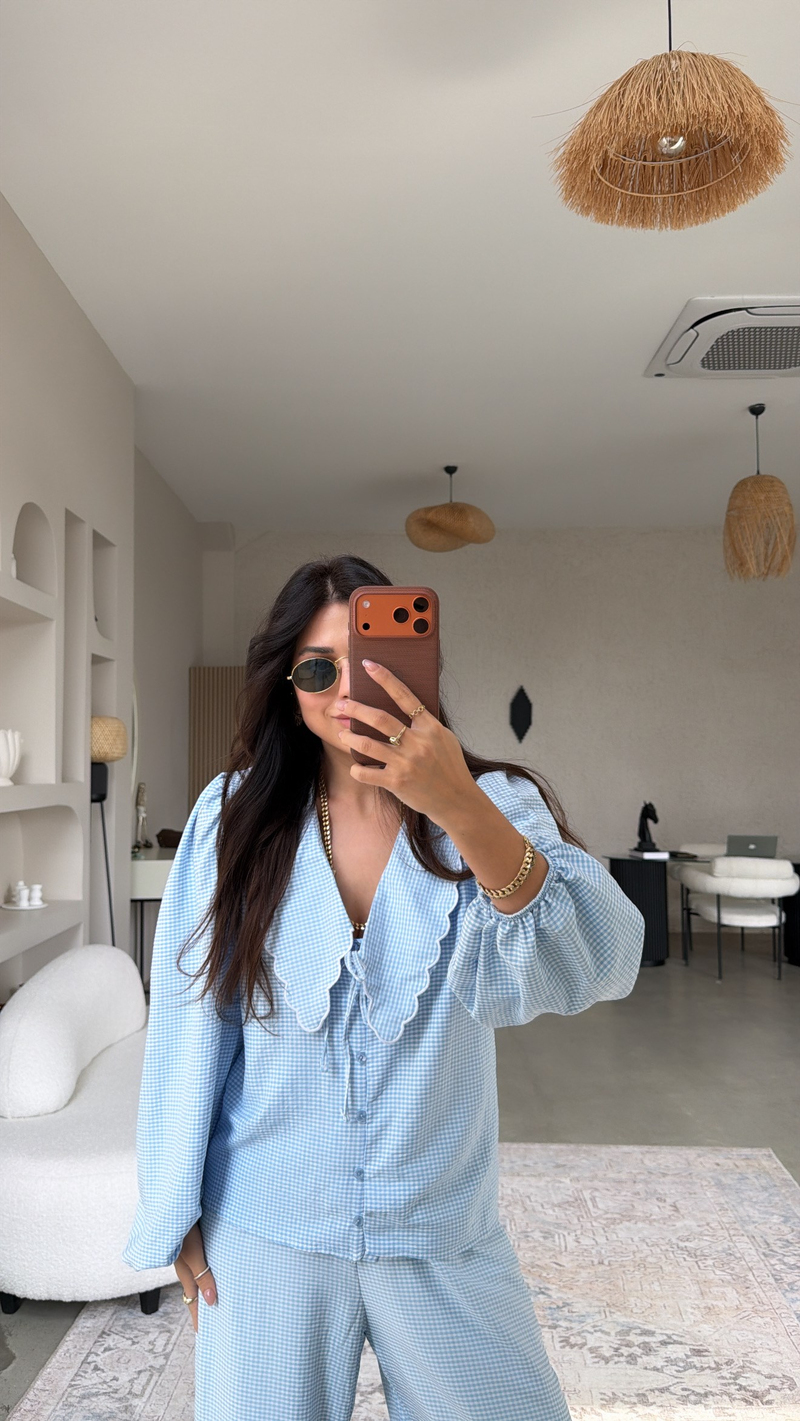 Bebe Mavi Pötikareli Romantik Pantolon Bluz Takım