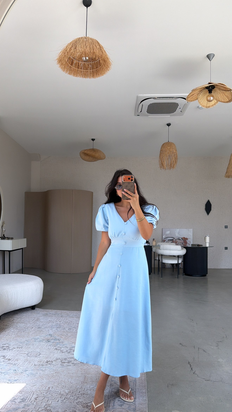 Bebe Mavi Romantik Düğmeli Elbise