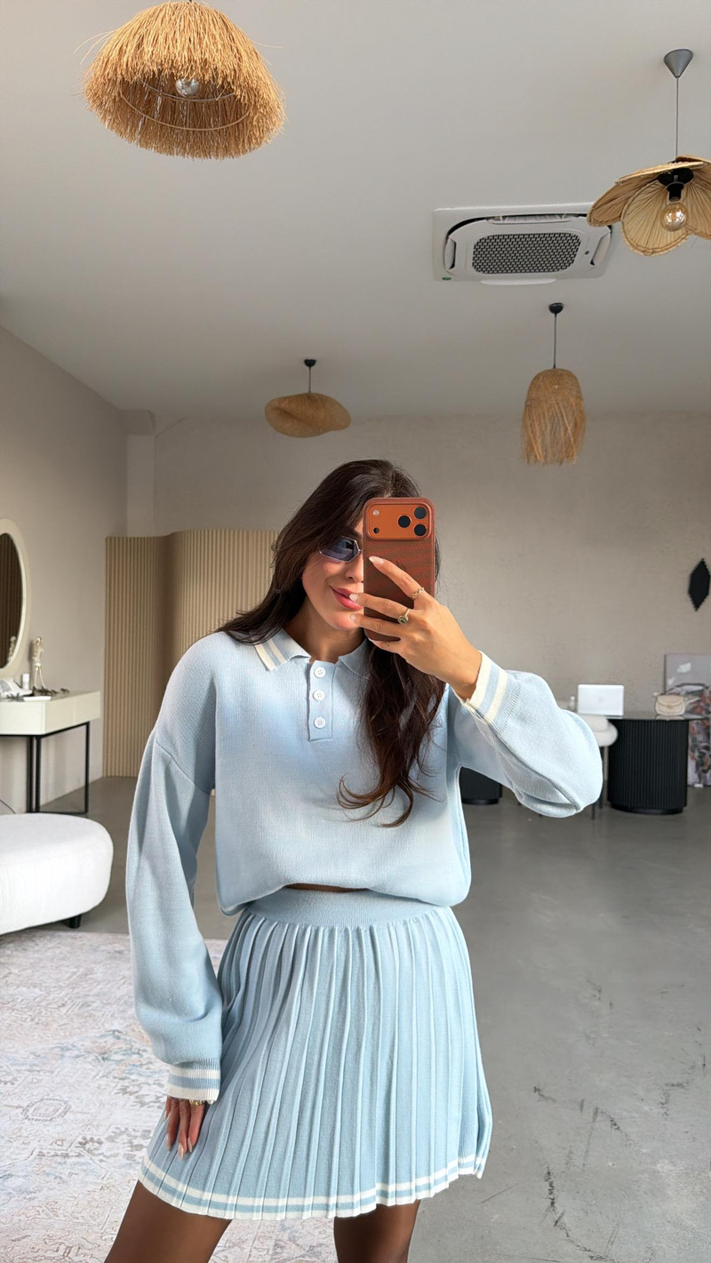 Bebe Mavi Şeritli Triko Etek Polo Yaka Takım