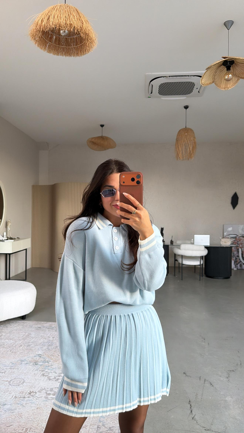 Bebe Mavi Şeritli Triko Etek Polo Yaka Takım