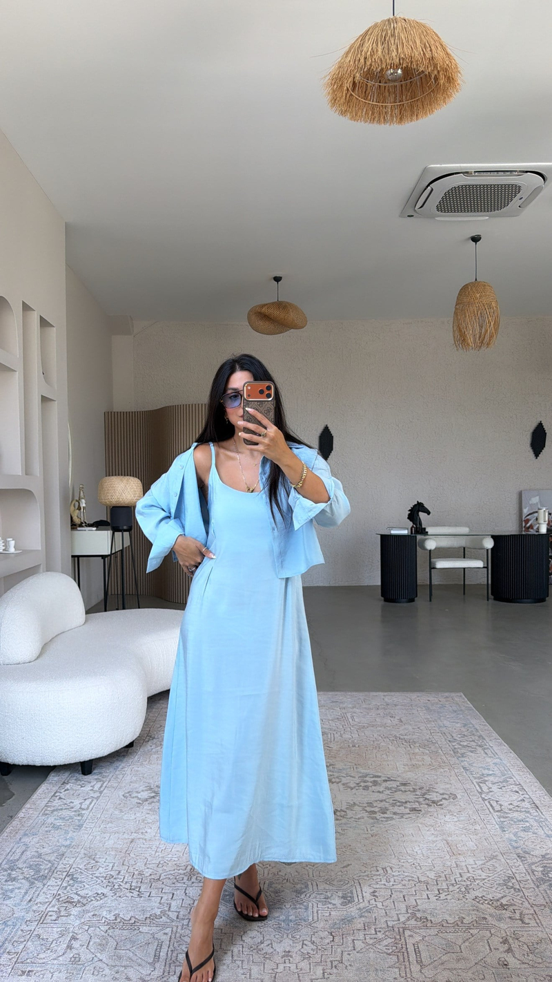 Bebe Mavi Tensel Premium Gömlek Elbise Takım
