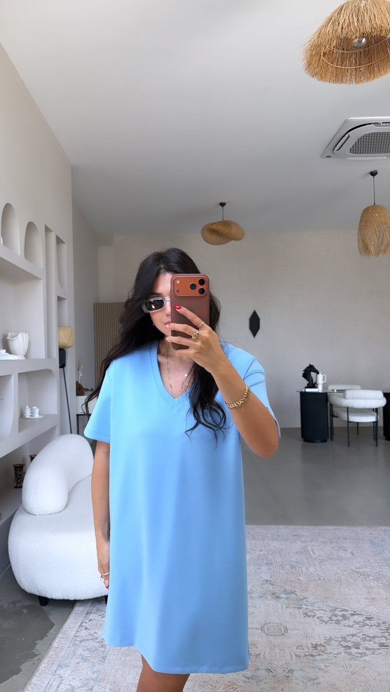 Bebe Mavi V Yaka Basic Modal Elbise