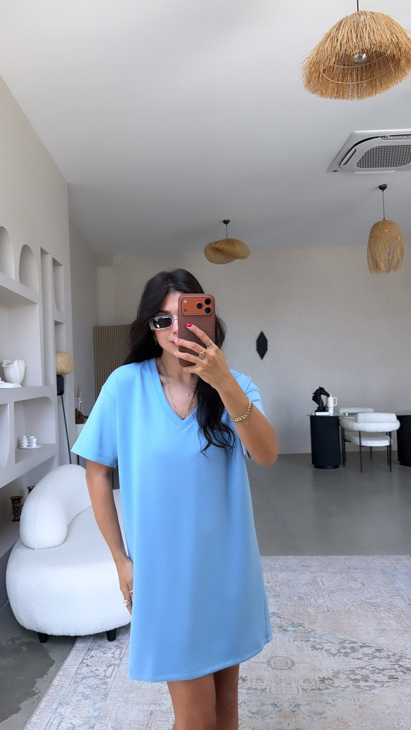 Bebe Mavi V Yaka Basic Modal Elbise