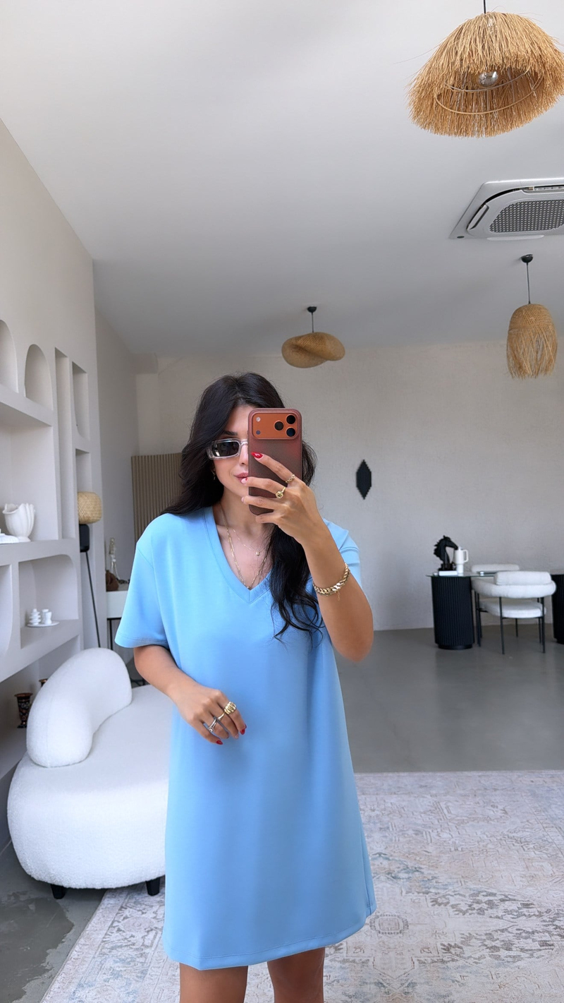 Bebe Mavi V Yaka Basic Modal Elbise