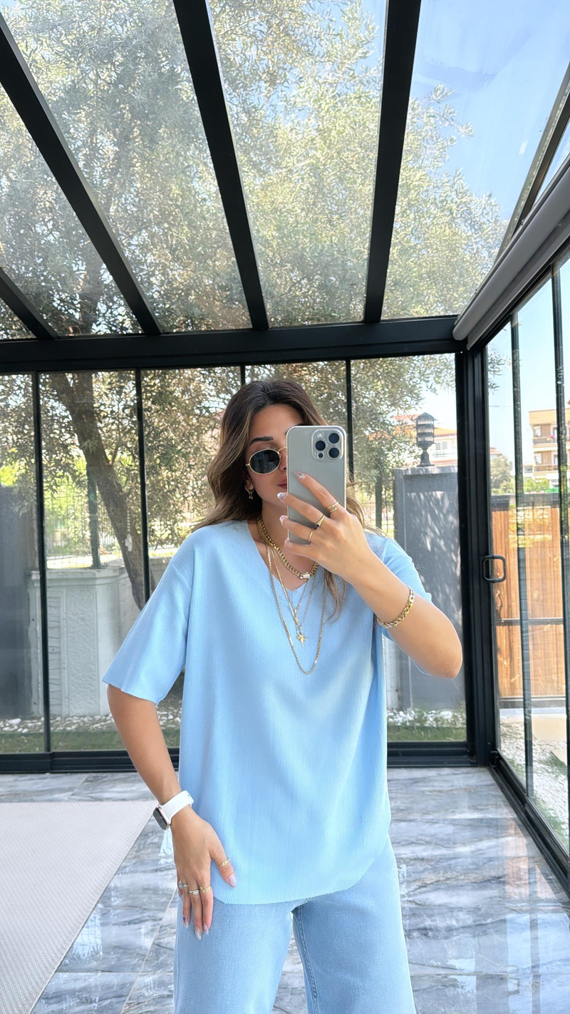 Bebe Mavi V Yaka Bürümcük Tshirt