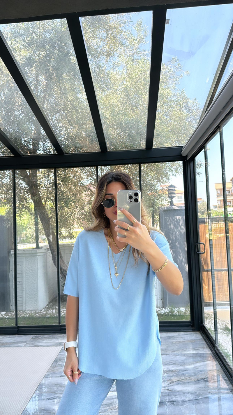 Bebe Mavi V Yaka Bürümcük Tshirt