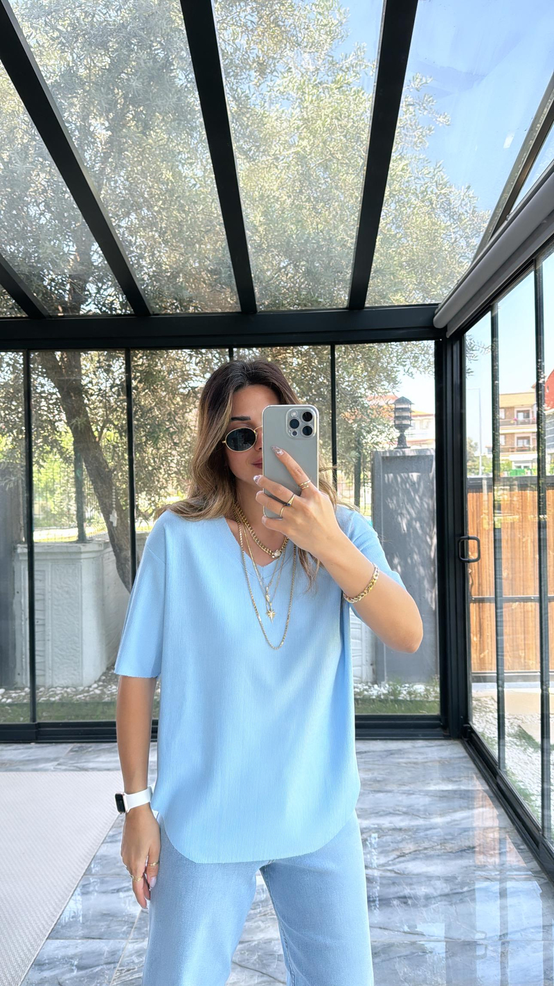 Bebe Mavi V Yaka Bürümcük Tshirt