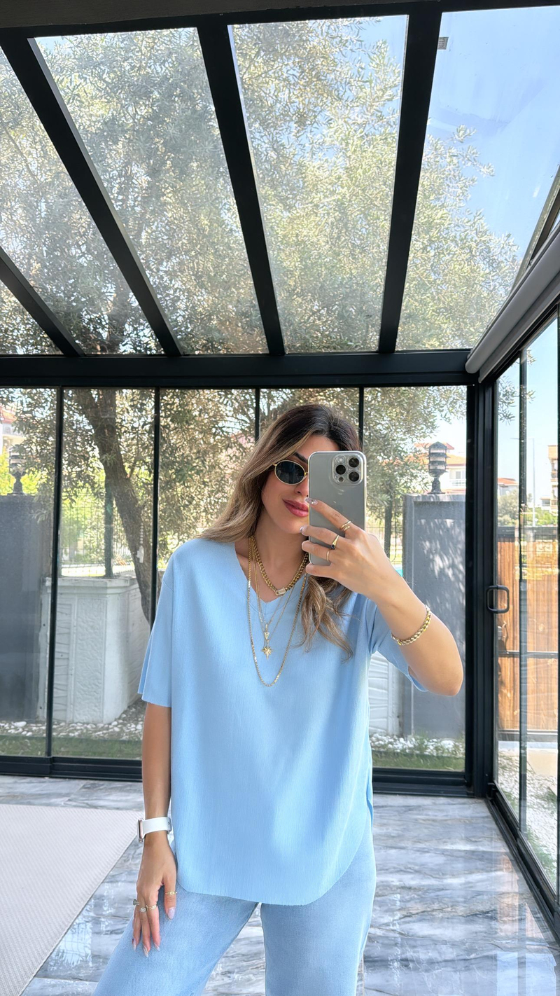 Bebe Mavi V Yaka Bürümcük Tshirt