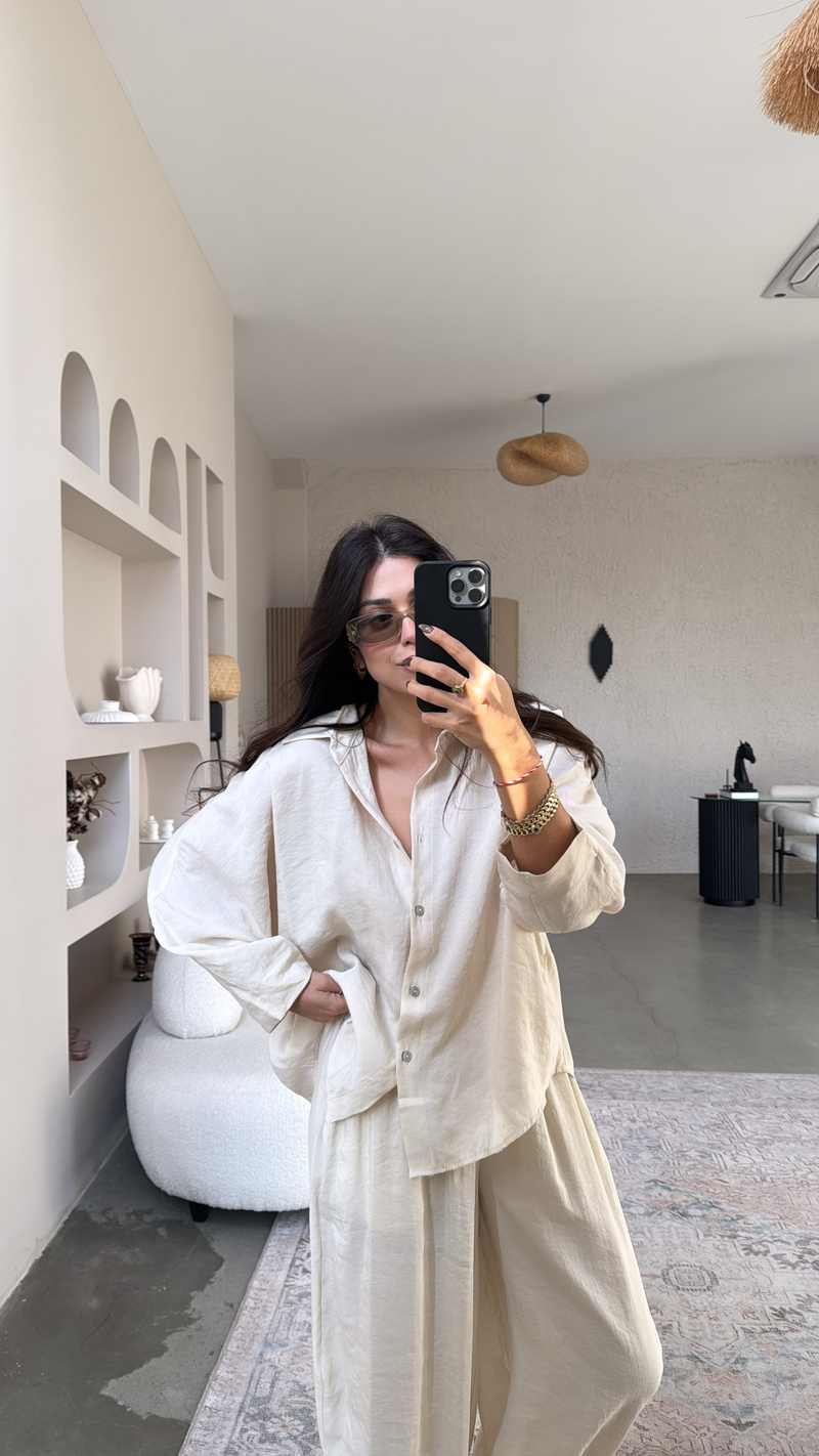 Bej Baggy Pantolon Gömlek Tensel Takım
