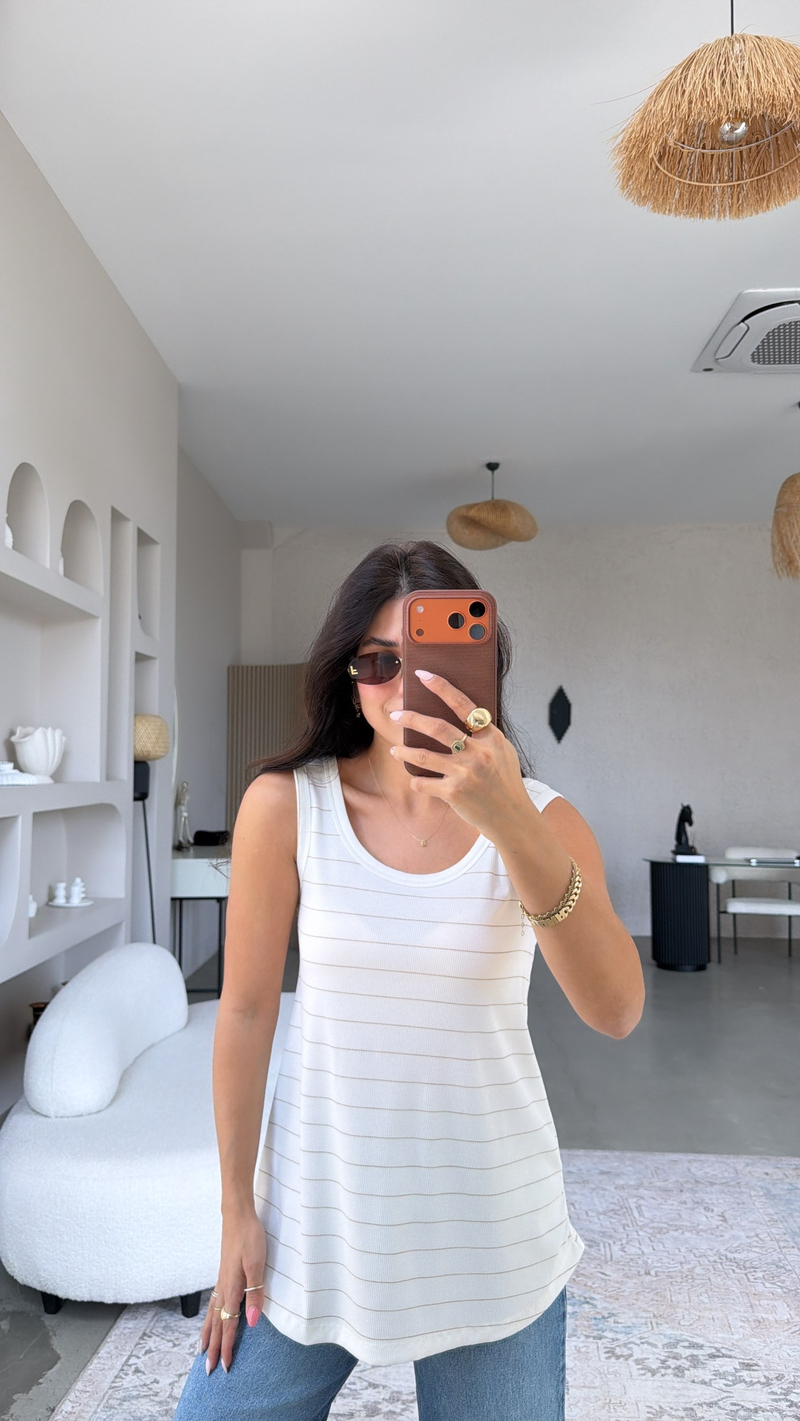 Bej Çizgili Fitilli Oval Bitişli Uzun Atlet