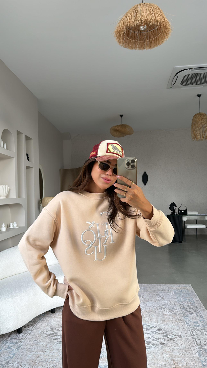 Bej Curious Nakışlı Şardonlu Sweatshirt