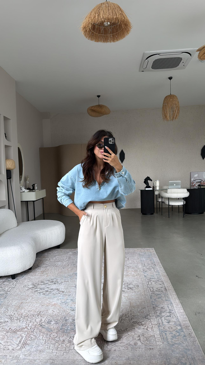 Bej Gold Düğmeli ZR Model Kumaş Pantolon
