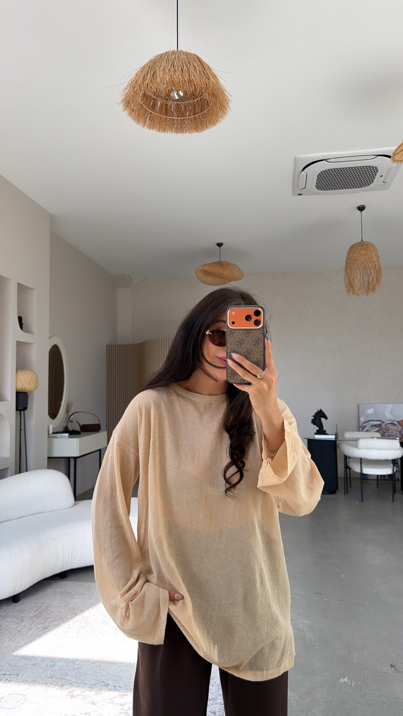Bej İnce Transparan Merserize Tunik Boy Triko