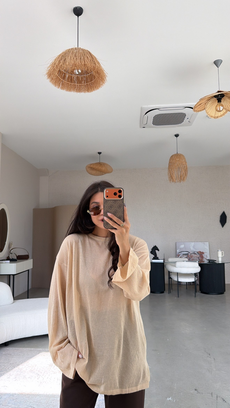 Bej İnce Transparan Merserize Tunik Boy Triko