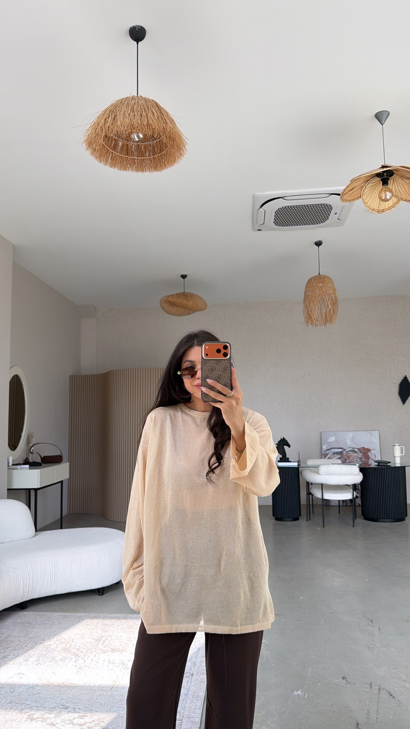 Bej İnce Transparan Merserize Tunik Boy Triko