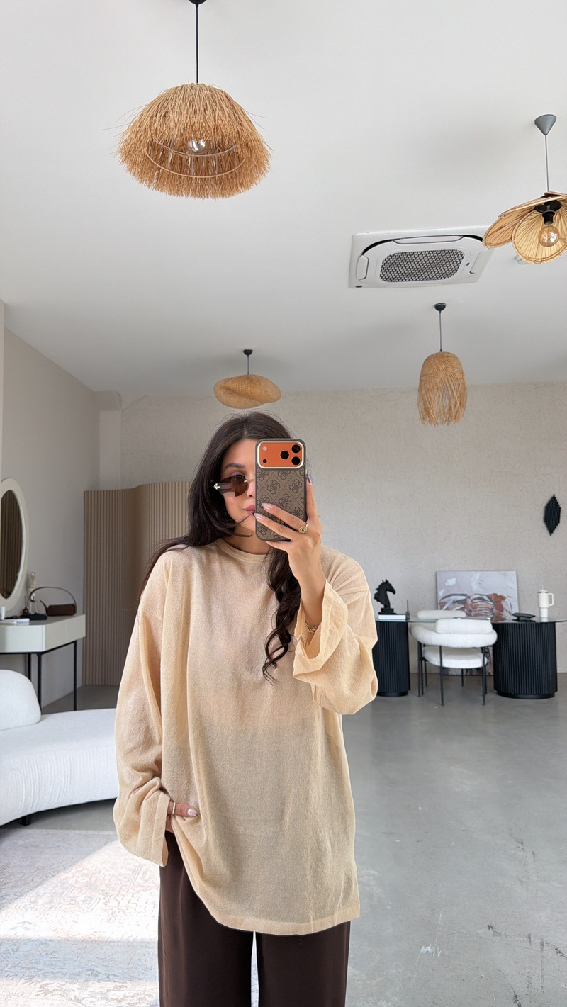 Bej İnce Transparan Merserize Tunik Boy Triko